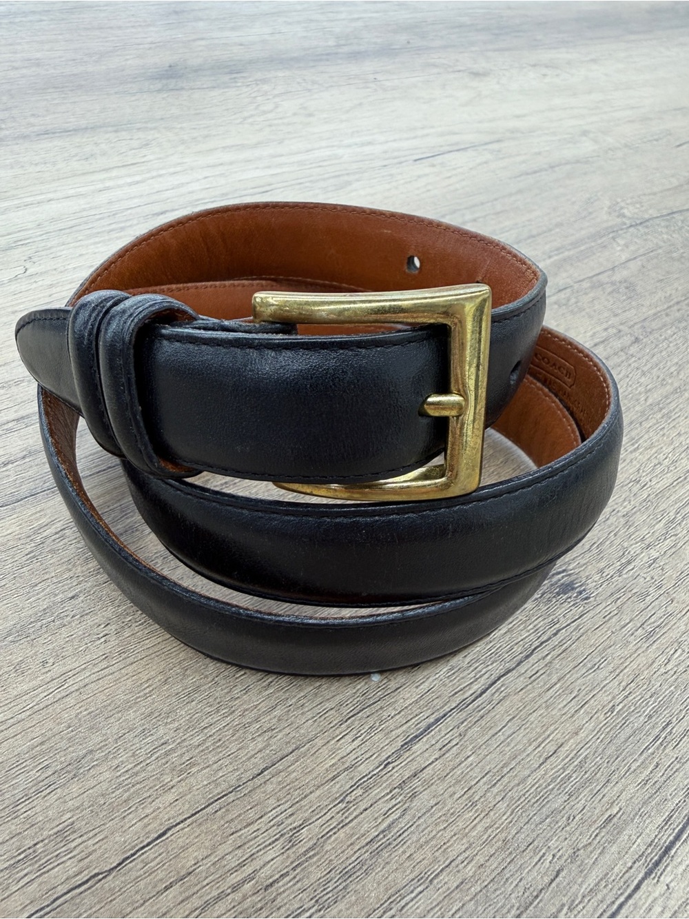 Coach Black Leather Men's Belt with Brass Buckle